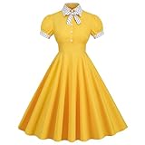 Contrast Peter Pan Collar Dress for Women - Bow Tie Neck, Short Puff Sleeve, 1950s Retro Vintage Cocktail Party Swing Dress, 50s Polka Dot Rockabilly, 1960s Style, Yellow-Bowknot, Size L