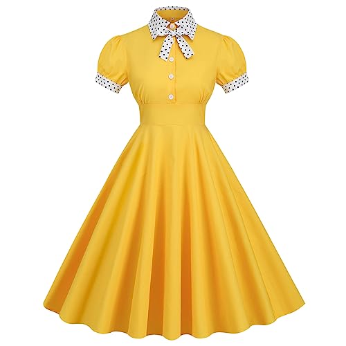 Contrast Peter Pan Collar Dress for Women - Bow Tie Neck, Short Puff Sleeve, 1950s Retro Vintage Cocktail Party Swing Dress, 50s Polka Dot Rockabilly, 1960s Style, Yellow-Bowknot, Size L