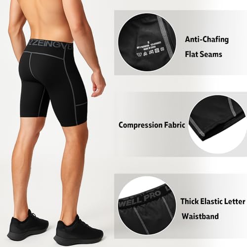 ZENGVEE Men's 3 Pack Compression Shorts with Pockets Athletic Baselayer Underwear for Running,Workout,Training-1011(3BlackGray- M) - 2