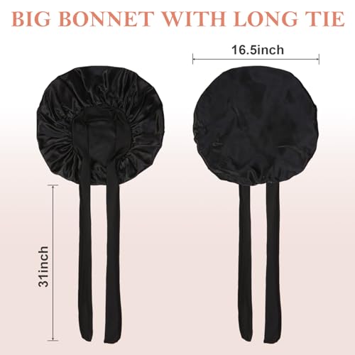 3Pcs Bonnets for Sleeping, Extra Satin Silk Bonnet for Sleeping Women with Tie Band for Curly Hair Jumbo Bonnet Braids
