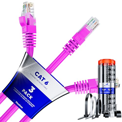 Maximm Cat 6 Ethernet Cable 4 Ft, (3-Pack) Cat6 Cable, LAN Cable, Internet Cable, Patch Cable and Network Cable - UTP (Pink) 4 Feet with 100 Cable Clips and Zip Ties