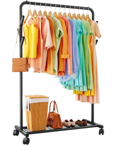 Sakugi Black Clothes Rail - Metal Clothes Rack with Shelf & Side Rods Rolling Clothing Rail with Lockable Wheels Large Capacity for Bedroom Entryway Laundry 73 x 43 x 151 cm Black