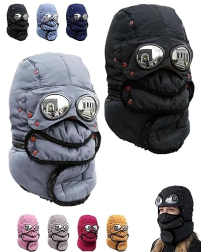 Winter Thermal Hat with Glasses Windproof Ski Mask Cap Fashion Warm Hat for Cycling, Trapper Beanie with Goggles Built in(Black+Gray)