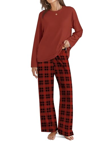 SHESHOW Pajama Sets for Women 2 Piece Oversized Tops Wine Red Plaid Pants Winter Pjs for Women Fall Lounge Sets M
