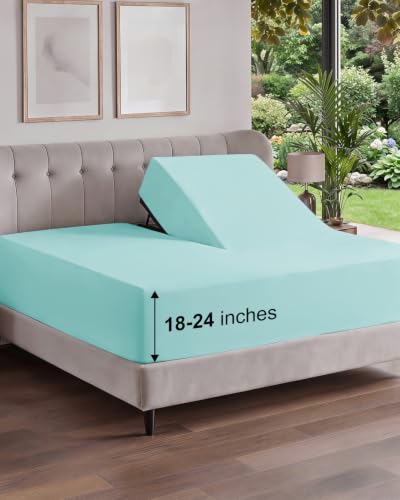 Image of Extra Deep Flex Top Split Head King Fitted Sheet - Hotel Luxury Single Fitted Sheet Only - Easily Fits 18 inch to 24 inch Mattress - Ultra Soft, Wrinkle Free w /Extra Deep Pockets - Spa Blue