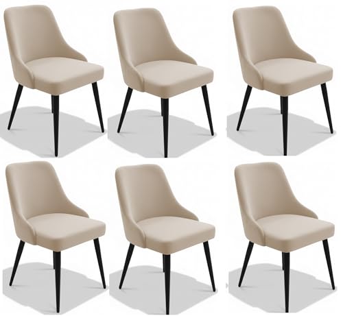 Image of Finch Fox Taskpro Modern Unique Velvet Upholstered Seating Living Room Dining Chair with Black Metal Legs in Cream Color (Set of 6)