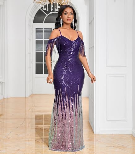 Image of Cololura Women Sexy Sequin Tassel Off Shoulder Halter Bodycon Formal Party Evening Gown Maxi Dress