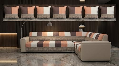 Image of Luxury Sofa Cover L Shape 7 Seater with Matching Cushion Cover 16x16 inch - Brown Strip Stripe 4+3 Seater (7 Seater) Quilted Sofa Cover Set Pack of 12, Washable, Brown Strip Ivory