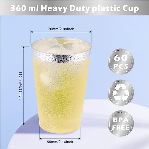 Hejo 60PCS Silver Rimmed Plastic Cups, 360 ml-12oz Plastic Glasses, Plastic Wine Glasses Reusable for Cocktail Champagne - Image 3