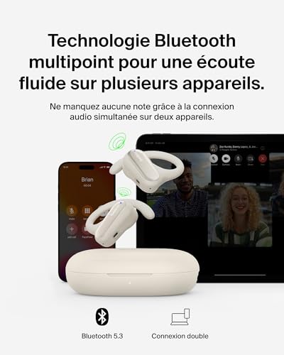 Belkin SoundForm ClearFit Écouteurs Oreilles Libres Sans Fil (écouteurs légers et confortables, indice d'étanchéité IPX5, écouteurs Bluetooth sans fil pour randonnée, vélo, course à pied, etc) - beige