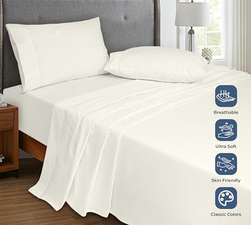 Image of Royale Linens 100% Organic Cotton King Flat Sheet Only - Super Soft - Percale Top Sheets - King Flat Sheet Sold Separately - Breathable, Cool & Crisp Ivory Sheets Only (105 inch x 102 inch, Ivory)