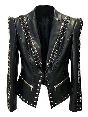 Women's Fashion 2025 Designer Jacket Rope Lacing Up Slim Fitting Leather Blazer Coat