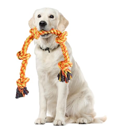 JWPET Indestructible Dog Rope Toy – 95cm Heavy-Duty Chew Toy for Large & Medium Dogs - 5 Knots Tug of War Toy for Teeth Cleaning - Safe 100% Cotton Interactive Dog Toy (B Color)