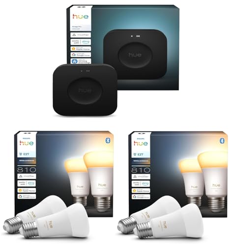 Philips Hue Bundle – 2X Twin Packs White Ambiance 810 A60 E27 Smart Bulbs (4 Bulbs) + Hue Bridge Pro Smart Hub | Wireless Smart Lighting, Warm to Cool Light, Works with Alexa & Google Home