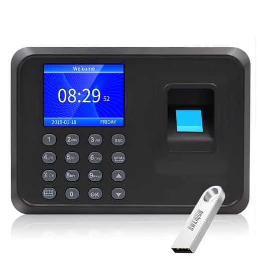 Máquina de Asistencia, Máquina Fichar de Asistencia Biométrica de Huella Dactilar con 8G Disco U, Capacidad de 100.000 Registros,2.4 Pulgadas, Pantalla LCD, Sistema Española