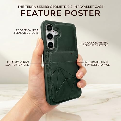 Image of amazon basics Premium Vegan Leather Back Cover with Card Holder and Integrated Mobile Stand for Samsung Galaxy S24FE 5G - Slim Shockproof Wallet Case with Geometric Stitching [Green]
