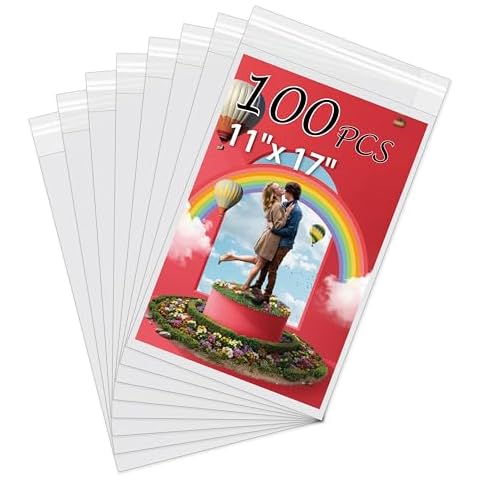 Somime Acid-Free Picture Sleeves, 100 Pack Crystal Clear Storage Bags for 11x17 Art Prints, Pictures, Photos, Frame Mats (Bag Size: 11 3/7" x17 1/2") Cover