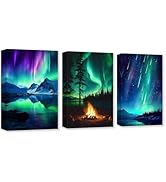 CXHOSTENT 3 Panels Aurora Borealis Canvas Wall Art Northern Lights Wall Decor Snow Mountain Lake ...