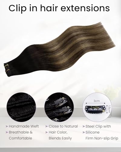 Image of LaaVoo Real Hair Extensions Clip ins 16in Double Weft Silky | Voluminous coverage for shoulder-length hair, machine weft ensures long-lasting shape retention
