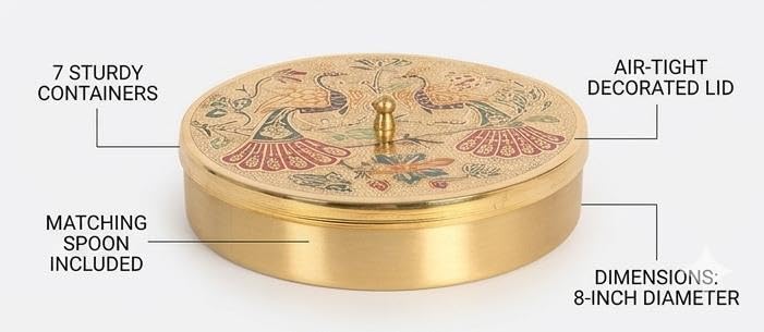 Premium Handcrafted Brass Spice Box with Peacock Meenakari Lid – Indian Masala Dabba with 7 Containers & Spoon – Authentic Kitchen Decor & Gourmet Spice Organizer