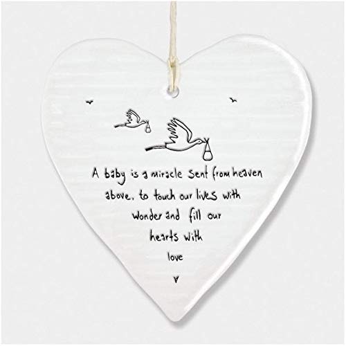 East of India Wobbly White Porcelain Heart Baby is a Miracle 10x9cm, 10x9x0.5cm
