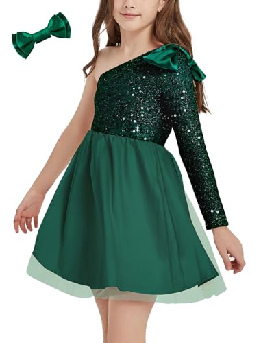 EXARUS Vestido de tutú de tul con lentejuelas brillantes para niñas, con un hombro descubierto, manga larga, vestido corto para ocasiones especiales, Verde, 10 años