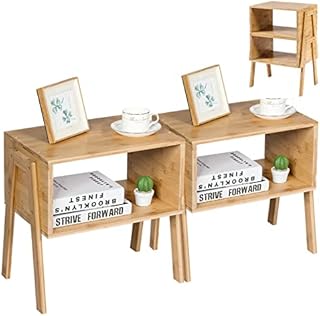 COSTWAY Set of 2 Stackable Bedside Tables, Bamboo Nightstand Sofa Side Table with Open Storage Compartment, Home Living Room Bedroom Coffee Tea End Table (Natural)