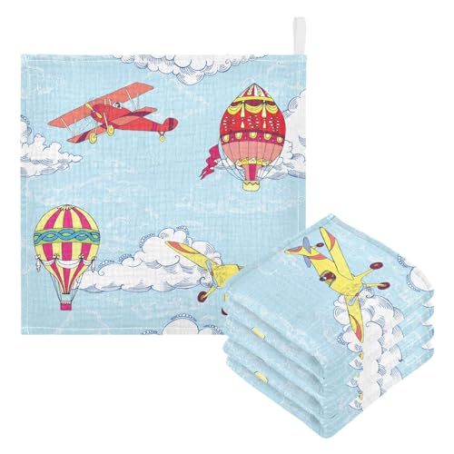 Image of vvfelixl Hot Air Balloons Airplanes Baby Burp Cloths Baby Muslin Washcloths for Boys Girls Cotton Baby Face Towel for Newborn Infants Soft and Absorbent 11.8 X 11.8 in, 5 Pack