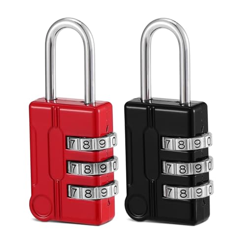 Mynoozi 2 Pack Combination Lock, 3-Digit Combination Padlock, Waterproof Keyless Padlock, Mini Combination Lock, Resettable Travel Luggage Locks for Backpack, Fence, Gate, Case, Toolbox-Black, Red