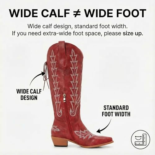 Image of Uillnoodu Wide Calf Cowboy Boots Women Adjustable Lace Up Knee High Tall Plus Size Cowgirl Boots Western Style Comfortable 2-Inch Heel