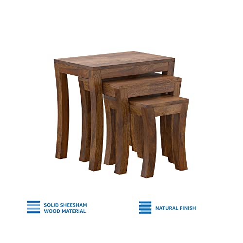 Image of STRATA FURNITURE Solid Sheesham Wood Loddin Nested Side Table | Space-Saving Wooden Bedside Table Furniture | Nightstand for Living Room Home (Set of 3, Natural Finish)