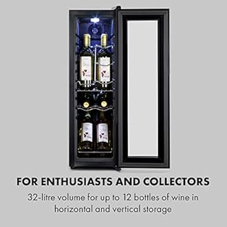 KLARSTEIN Free-standing Wine Cooler Fridge, Single Zone Wine Fridge with Glass Door, 32L Slimline Drinks for Home Pub, Indoor/Outdoor Bar Fridge, 12 Bottles