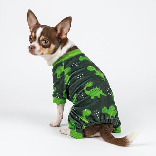 Image of Fitwarm Dinosaur Dog Fleece Pajamas, Warm Clothes for Small Dogs Boy, Cozy Pet Onesie with Feet, Dark Green, Bright Green, XS