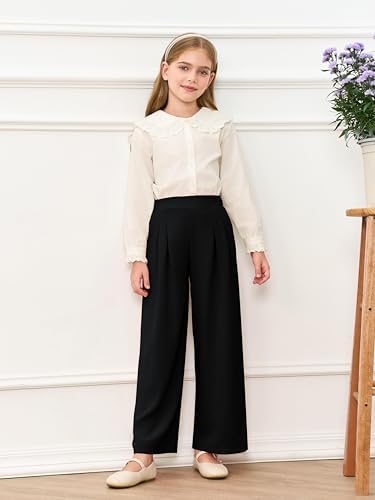 Haloumoning Girls High Waisted Uniform Pants Kids Wide Leg Dress Pants Casual Trousers with Pockets 5-14 Years, Black, 9-10 Years — view 2
