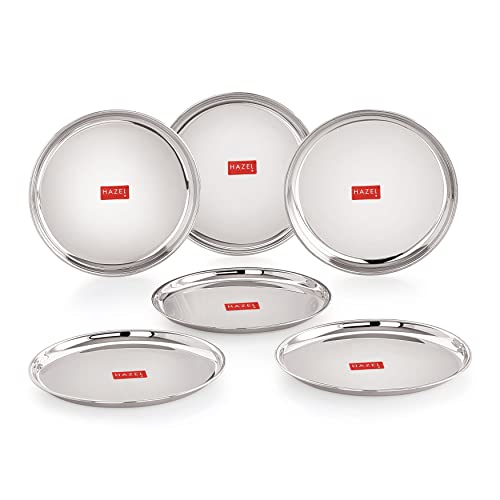 Image of HAZEL Stainless Steel Snack Plates with Mirror Finish | 16 cm Quarter Plates Set for Kitchen | Glossy Finish Thali, Set of 6