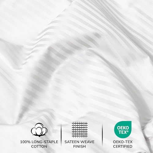Image of Feather & Stitch 500 TC Queen Size Damask Bed Sheet Set, 100% Cotton Soft Breathable Bedsheets, 4 Piece 18 inch Deep Pockets Sateen Weave Striped Bedding Mattress Resort Hotel- (White Stripe)