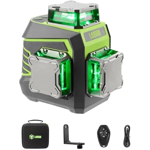 LasGoo Laser Level 3x360° Self Leveling, 3D Green Cross Line Laser for Construction and Picture Hanging, Rechargeable Battery, Remote Control, Magnetic Rotating Stand Included - LG-3Dx