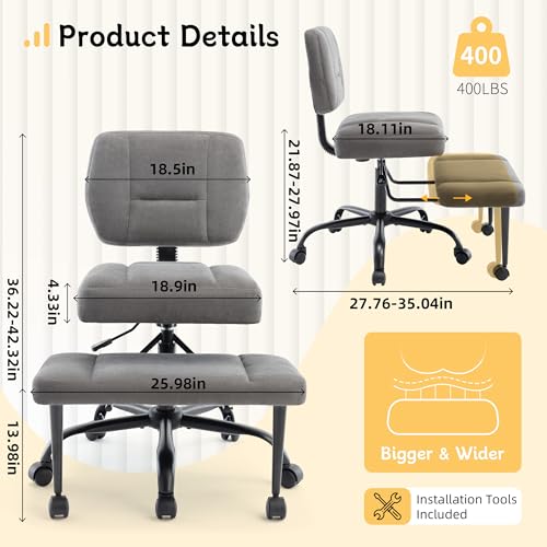 Image of Criss Cross Legged Office Chair with Wheels,Swivel Meditation Chair for ADHD,Ergonomic Desk Chair with Thicken Adjustable Footstool,Fabric Sitting Fidgeting Kneeling Chair for Home Yoga Grey