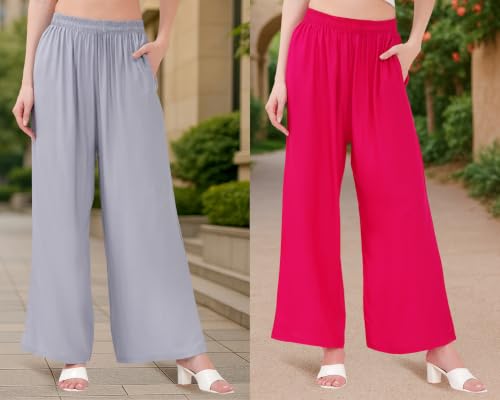 Image of Buy That Trendz Palazzo Pants for Women Rayon Elasticated Regular Fit Flared Wide Leg M to 6XL Pack of 2
