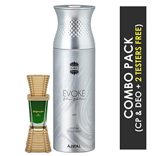 Ajmal Majmua Concentrated Perfume Oil Oriental Alcohol-free Attar 10ml for Unisex and Evoke Silver Edition Him Deodorant Spicy Floral Fragrance 200ml for Men FREE - Image 2