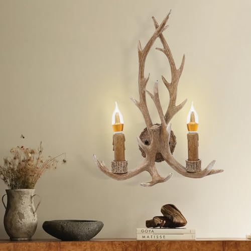 Image of Deer Antler Wall Light Wall Candle Sconces with E14 Base, Rustic Country Style Farmhouse Wall Light Fixtures for Bedroom Bathroom Hallway Entrance