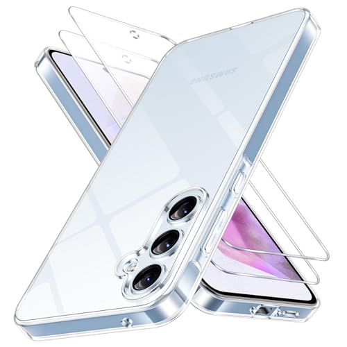 Oelrstfe Etui do Samsung Galaxy A35 5G z 2 częściami szkła hartowanego, ultraprzezroczysty silikonowy żel TPU miękki pokrowiec, odporny na wstrząsy anty-żółty zderzak ochronny
