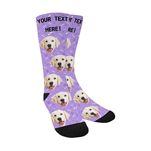 Custom Face Socks,Turn Your Photo Into Paws and Dog Bones Blue Crew Socks