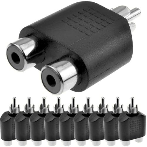 Adaptador de Audio 2X RCA Hembra a Macho, Adaptador Doble RCA, Conector Plateado, Apto para subwoofer, Amplificador, TV, Reproductores CD/DVD, 10 Unidades