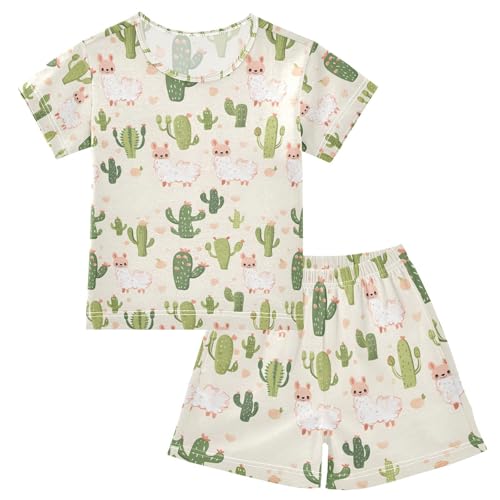 ALAZA Cactus Alpaca Cartoon Pajamas Set Short Sleeve Cotton Sleepwear Summer Pjs 2 Piece 5-14Y