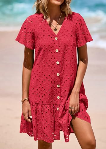 Image of KIRUNDO Eyelet Dresses for Women Button Down Mini Babydoll | 2026 Summer Short Sleeve Boho Sundress, Loose Fit V Neck Short Dress With Pockets, A Line, Cruise Beach Vacation Outfits