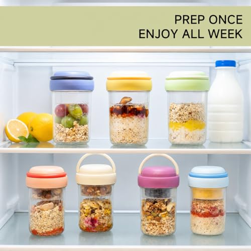 WifePro Overnight Oats Containers with Handles & Lids – 16oz Glass Mason Jars with Spoons & Fruit Compartments, Chia Pudding Jars with Lids, 4 Sets (Cream, Dark Blue, Purple, Green)