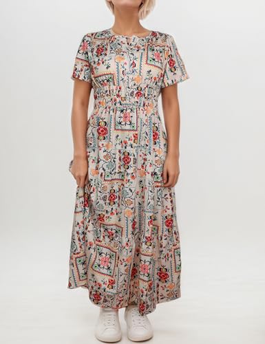 Image of Women's Summer Boho Maxi Dresses Floral V Neck Tiered Short Sleeve Long Dress Flowy Beach Vacation Dress with Pockets