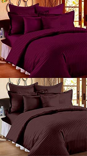 Image of Combo Pack of 2 Cotton Satin Stripes Plain Bedsheets for Double Bed with 4 Pillow Covers for Home, Hotels Rooms, Guest House (Color- Maroon & Brown)