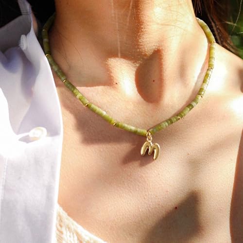 KELORIS PATH Beaded Initial Necklace for Women, 14K Gilded Plated Bubble Letter Pendant Natural Handmade Stone Choker Boho Colorful Summer Beach Jewelry Gift2